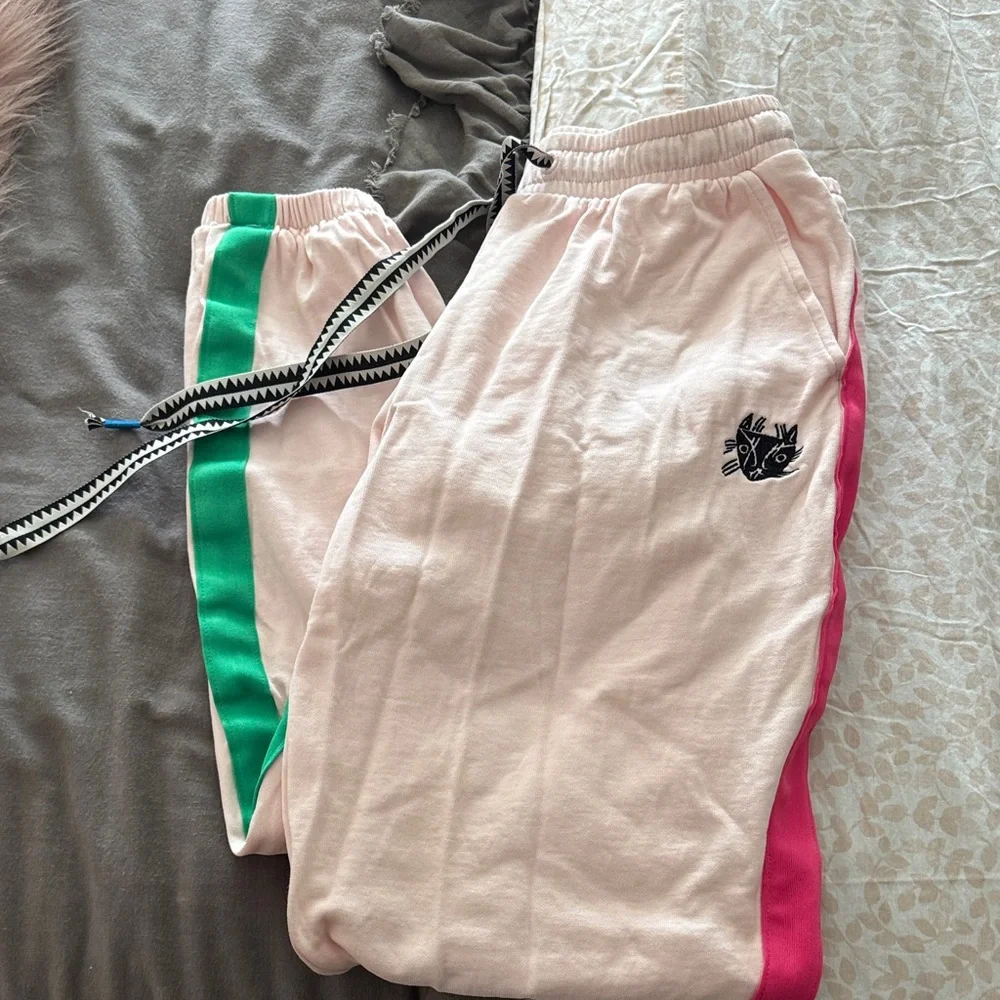Puma Pink Sweatpants with Green & Pink Side Stripes - Picture 1 of 8